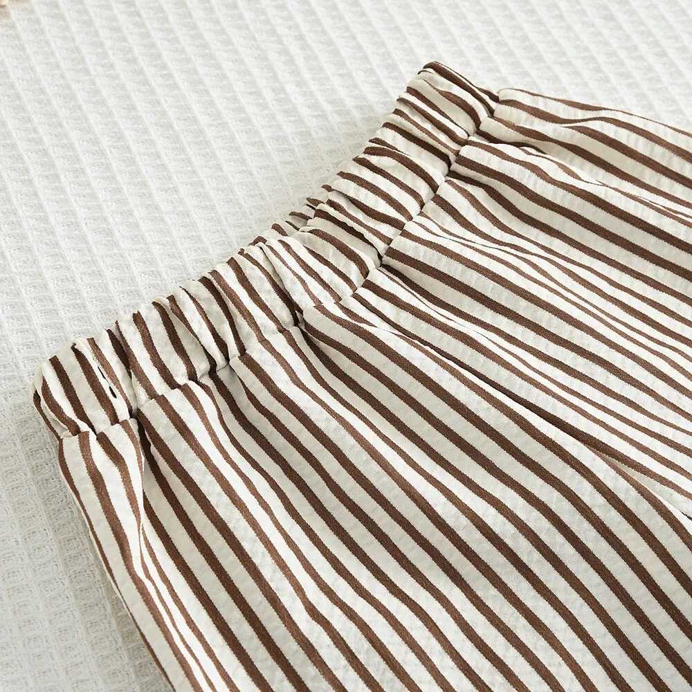 Bear collar khaki vest+striped wide leg pants summer two-piece simple sleeveless childrens clothing suitable for 3-7 years oldT250327