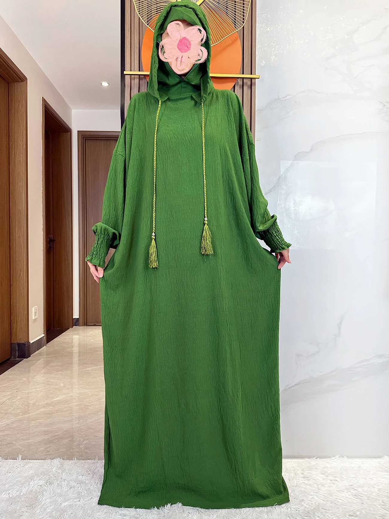 Womens Cotton Abayas Muslim Ramadan Prayer Dress Hooded Solid Color Casual Batwing Sleve Arab Oriental Robe Eid al Fitr Djellab X250327
