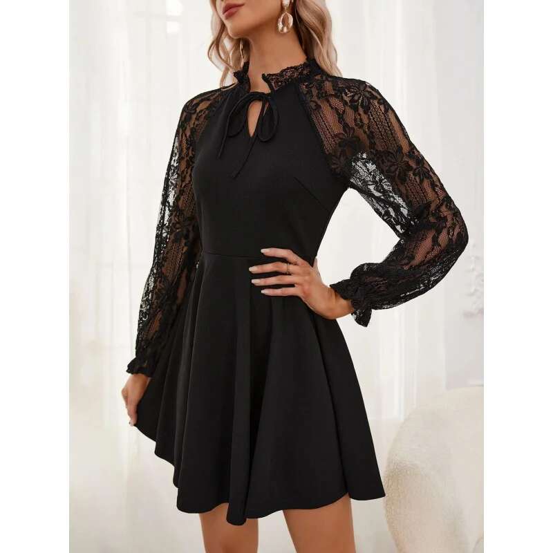 Dongdumaoyi Lente Nieuwe Collectie Elegante Dames Effen Kleur Franse Contrasterende Kant Tie Taille Lange Mouwen Mode Jurk