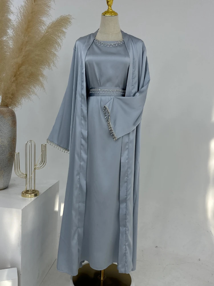 Eid al Fitr Silk Satin Party Abayas Set 2 pieces Ramadan women with diamond chain cardigans Islamic Abaya 250326