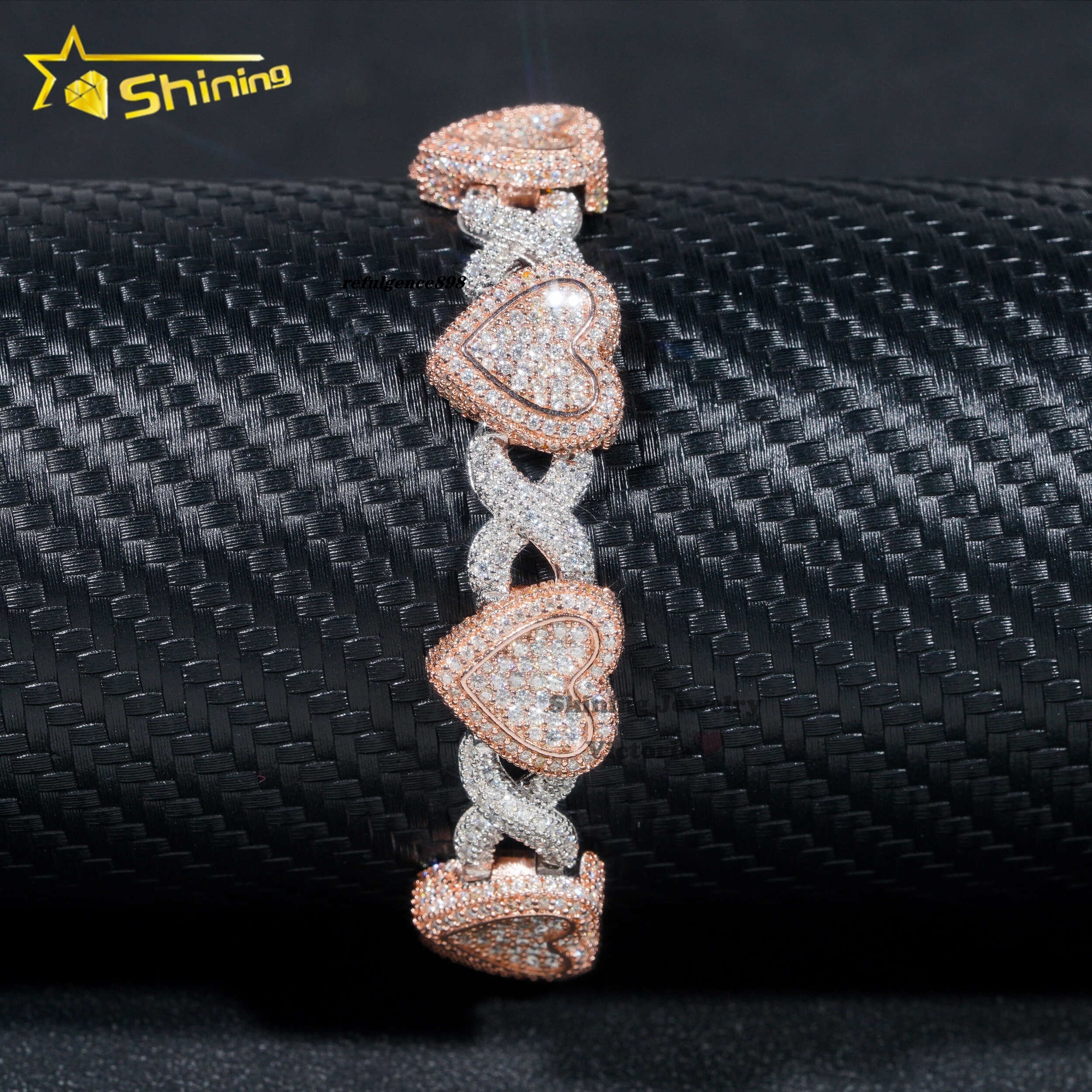 New Design 13mm Luxury 925 Sterling Silver Two Stone Rose Gold Iced Out Hip Hop Jewelry VVS Moissanita Diamond Heart Bracelet