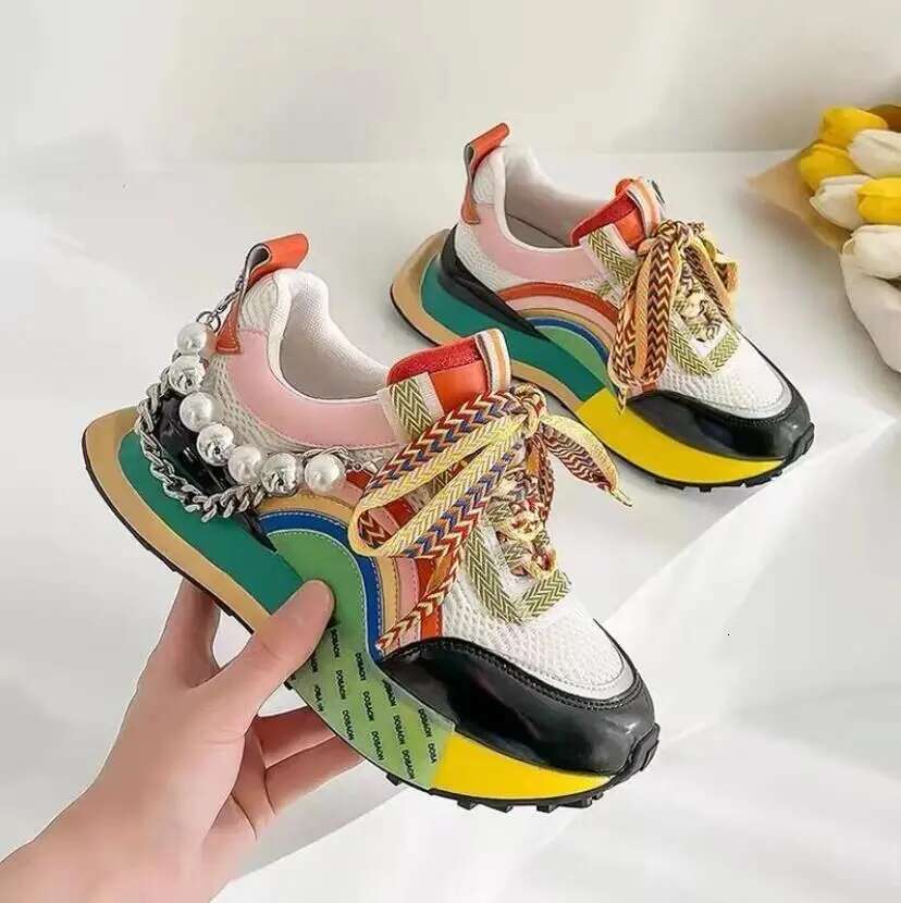 Designer Shoes 2025 New High Quality Leather Sports Shoes Lace Rainbow Platform Pearl Chain Decoration Fashion Vulcanized Shoes For Women