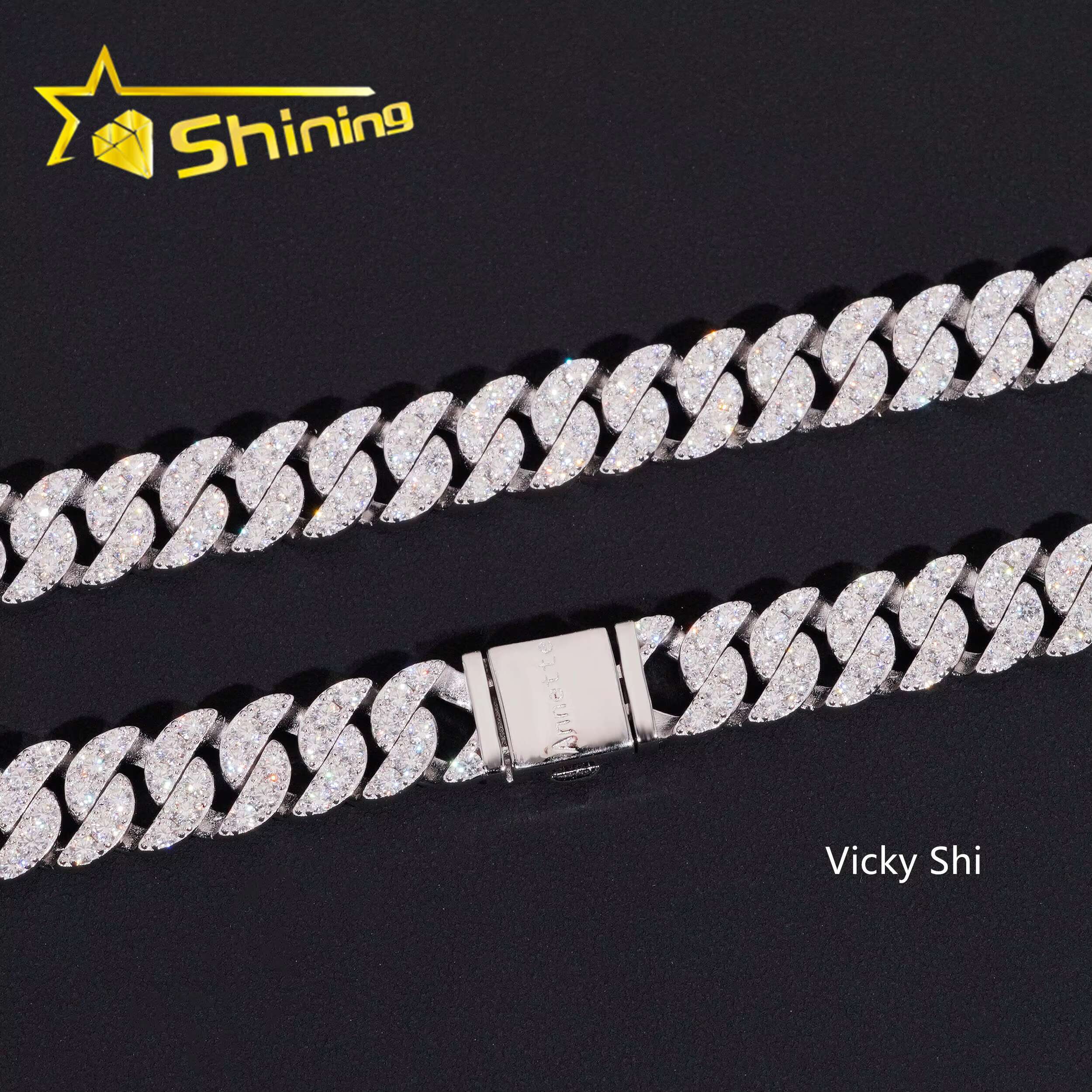 Rapper Hip Hop Jewelry Iced Out Moissanite Necklace 925 Sterling Silver 12MM Width Moon Shape VVS Moissanite Cuban Link