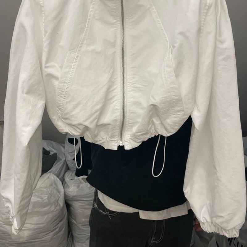 Basic Jackets for Women Spring Autumn Y2k Cropped Zip-up Outerwear Baggy Casual Pleated Stylish College Sporty Long Sleeve 250322