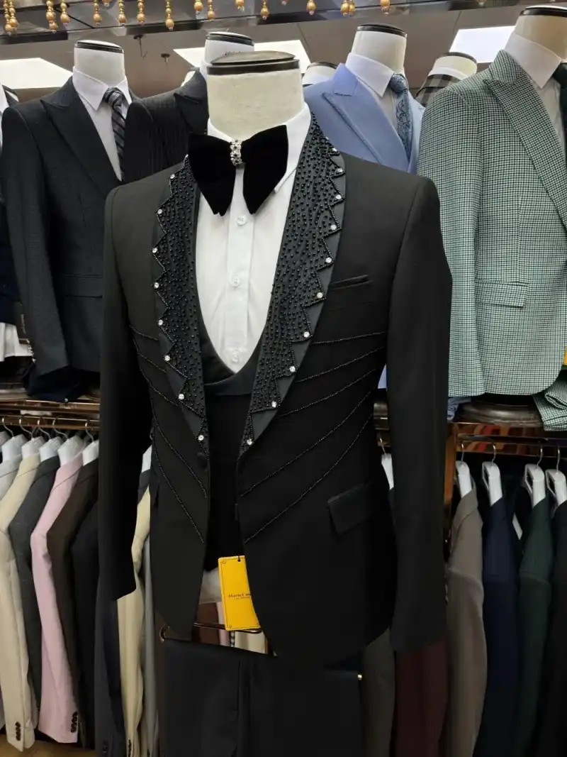 Black Spring Men Suits Set 2 Pieces Blazer+Pant Trousers With Crystals Beaded Customized Groom High Quality Wedding Tuxedo Formal Office Prom Jacket(C