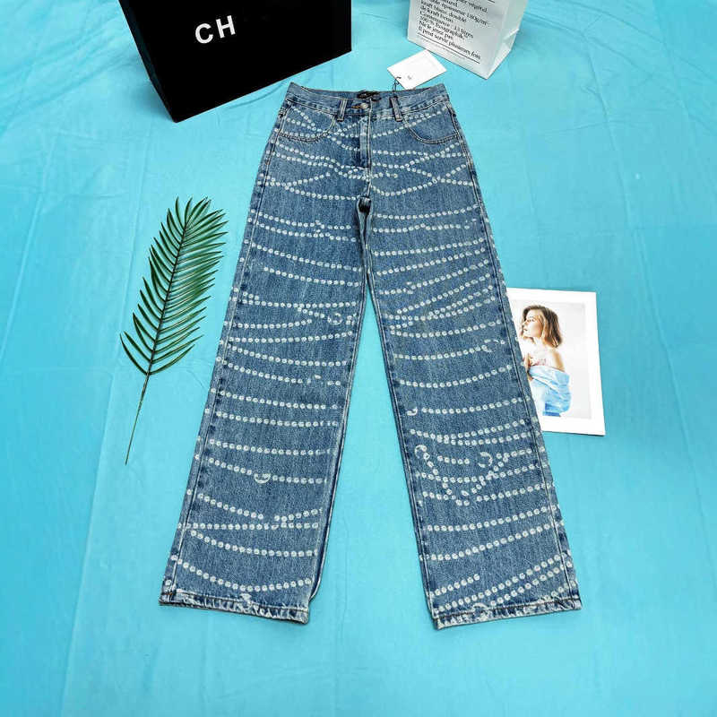 jeans womens designer 25 Summer High end Laser Chain Burnt Wave Point Straight Tube Cowboy High Waist Pants Look Thin and Casual