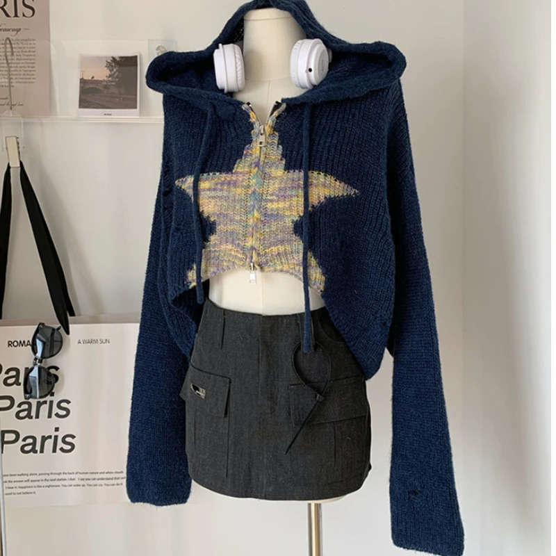 Womens Autumn American Retro Star Short Zipper Hooded Sweater Open Knitted Fashion Top Blue 250326