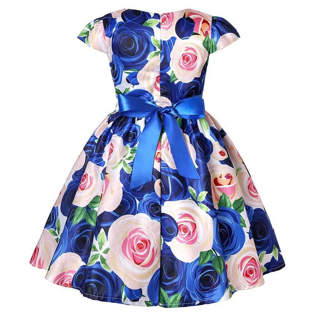 Summer girl rose print dress princess wedding birthday Par Frocks satin childrens vest girl Christmas outfit W250326