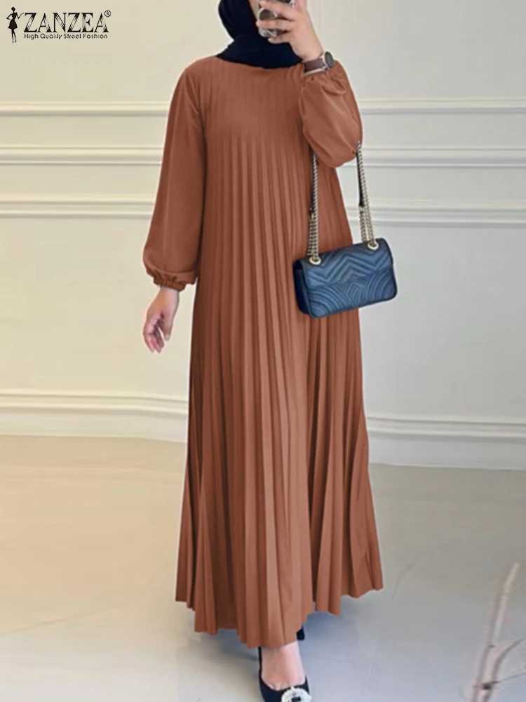ZANZEA Islamic Hijab Women Abaya Robe Elegant Muslim Fashion O Neck Solid Pleated Dress Spring 2025 Casual Loose A-line Vestidos X2505141