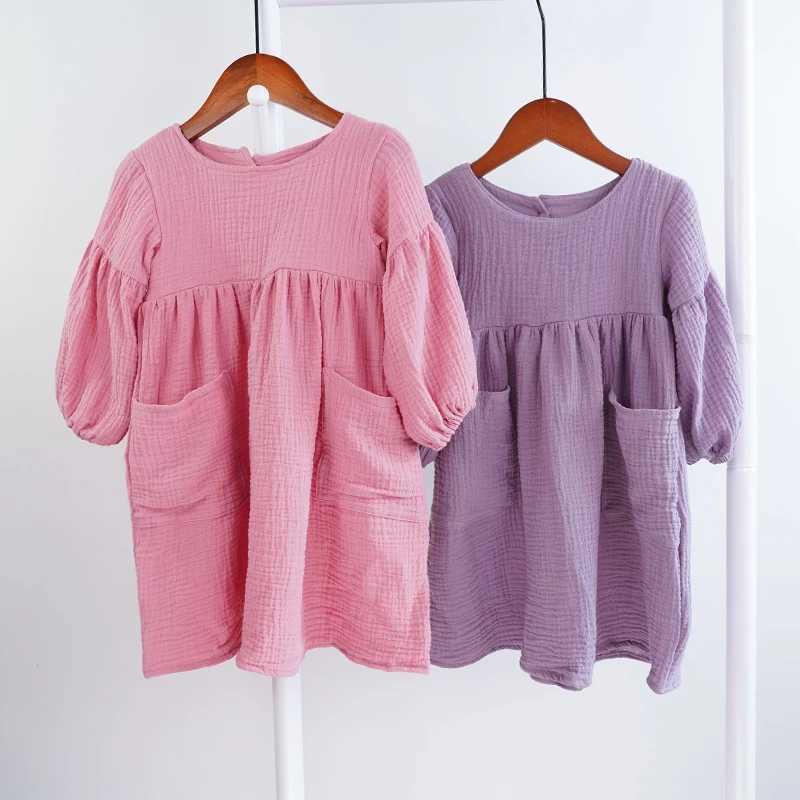 Autumn and Spring Childrens Clothing Organic Cotton Double Gauze Loose Pocket Baby Girl Dress Fashion Princess Casual Childrens Dress W250326