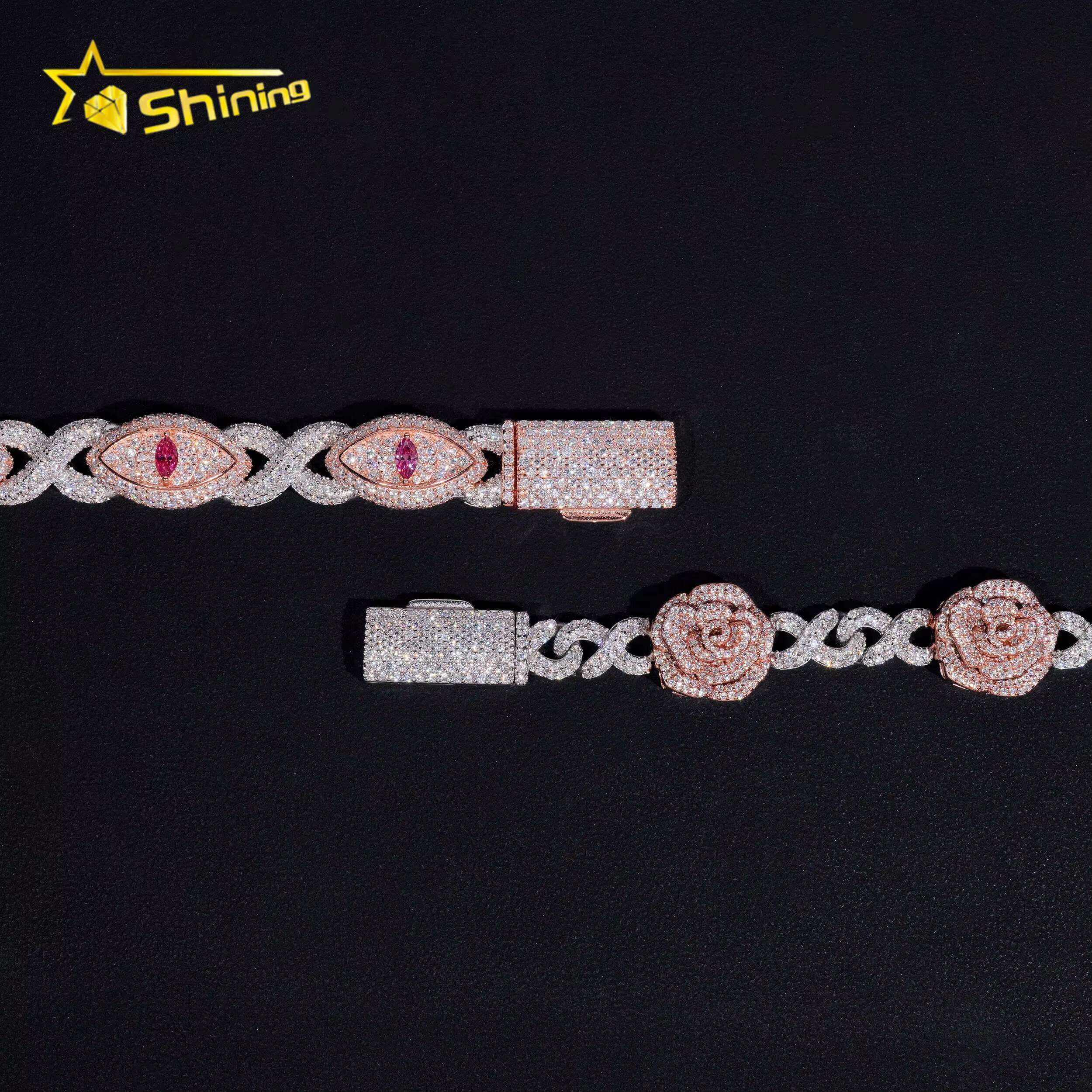 Real 925 Sterling Silver Gold Plated Hip Hop Jewelry Custom Colored Infinity Moissanite Cuban Bracelet Cat Eye Bracelets