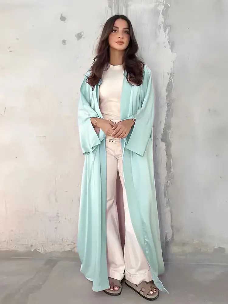 Ramadan Eid Modest Plain Satin Open Kimono Abaya Damen Dubai Ka Muslim Women Clothing Kaftan Islam Robe Femme Musulmane X250514