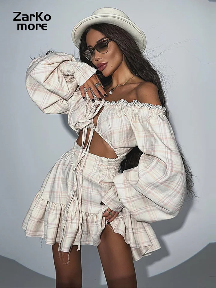 Sweet Print Womens Mini Skirt Set Hollow Folded Lantern Sleeve Top Lace SpringSummer Sexy 250326