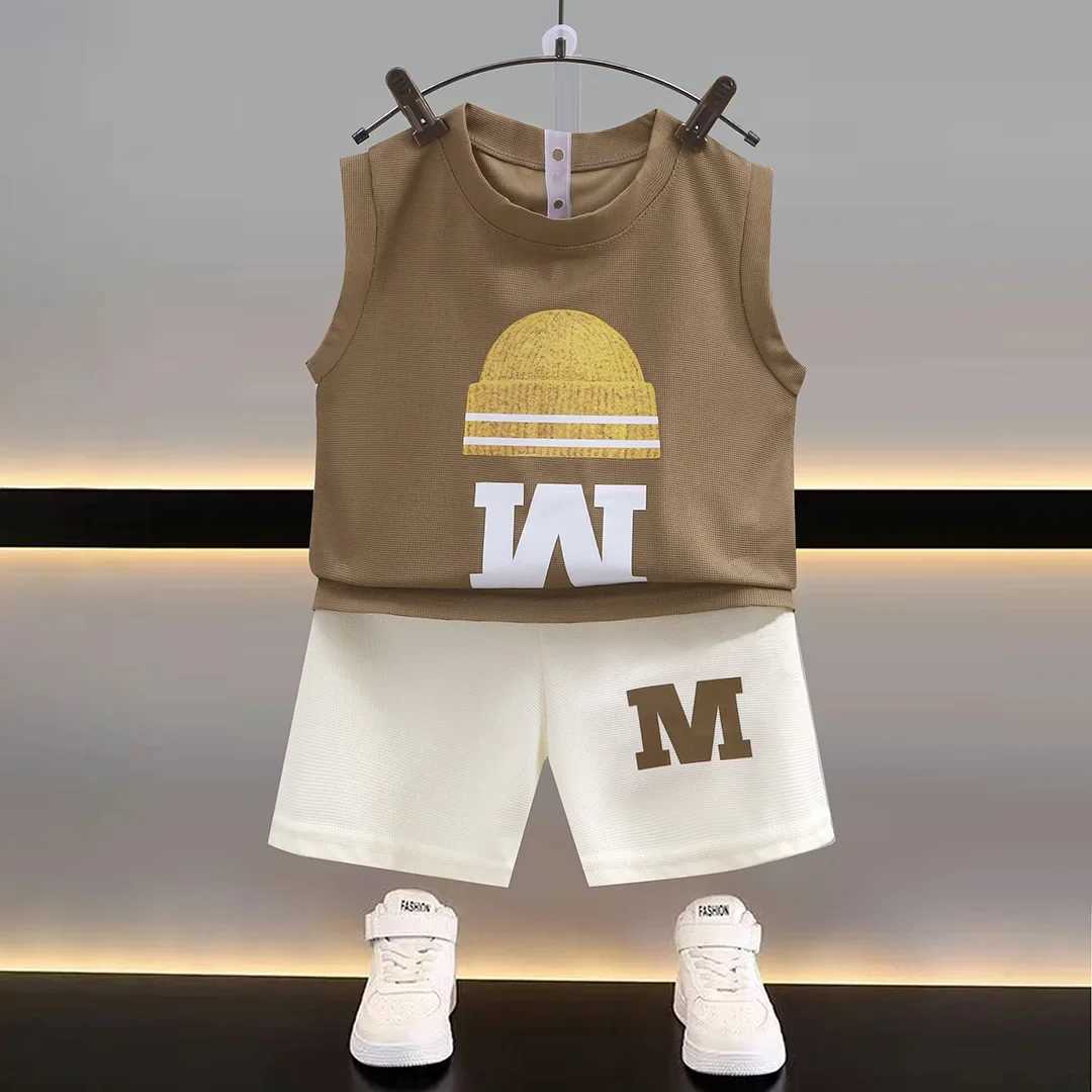 2024 New Summer Childrens Sportswear Set Boys and Girls Cartoon Letter Printed Sleeveless Tank Top+Shorts Baby Casual ClothingT250327