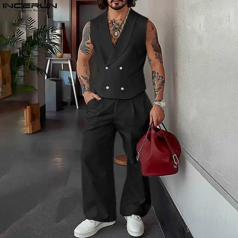 Mens Solid Color Collar SLeeveless Double Chest Tank Top and Pants 2PCS Streetwear 2024 Fashion Mens Casual Set S-5XLXJ250326