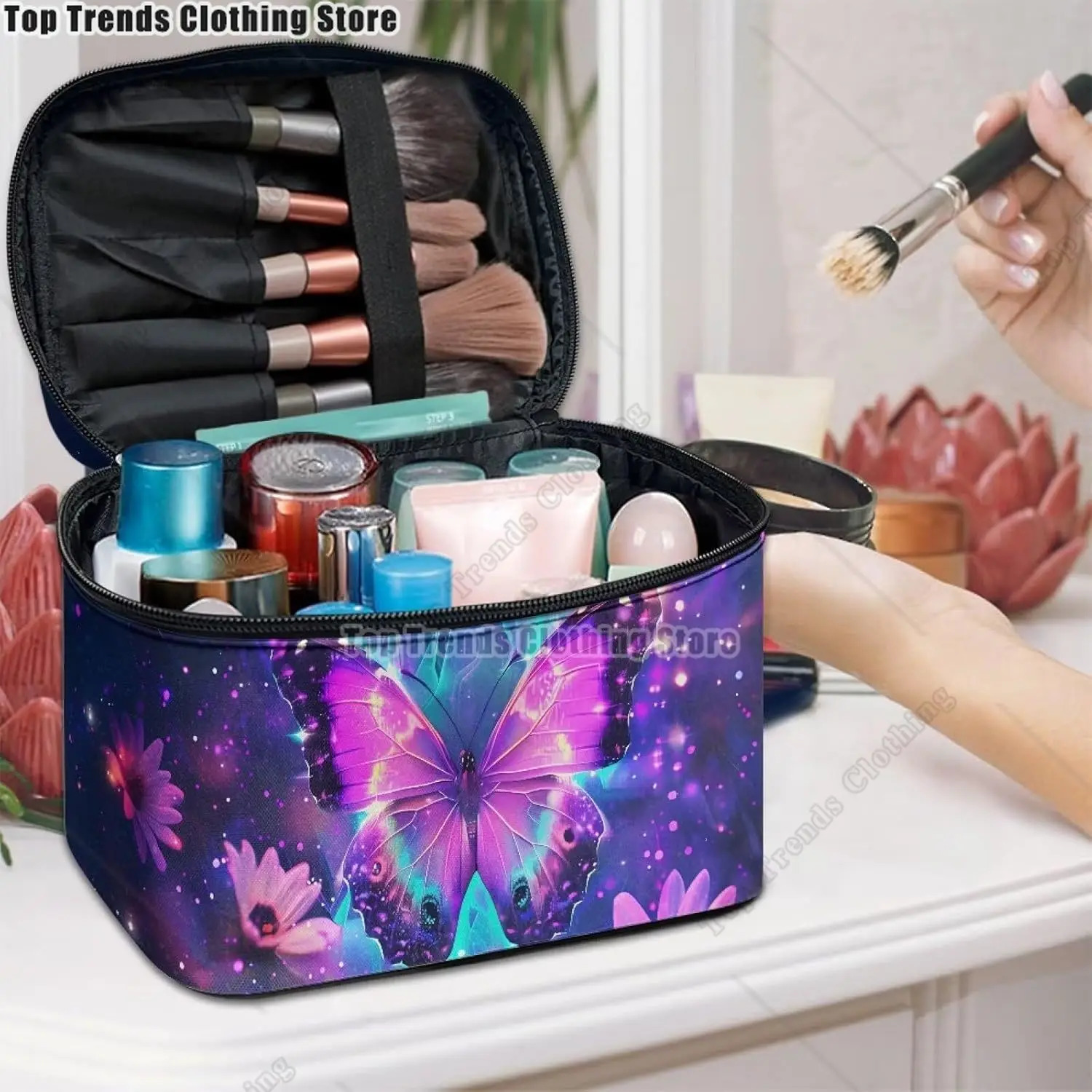 Fashion Purple Butterfly Flower Makeup Bag Womens 250326
