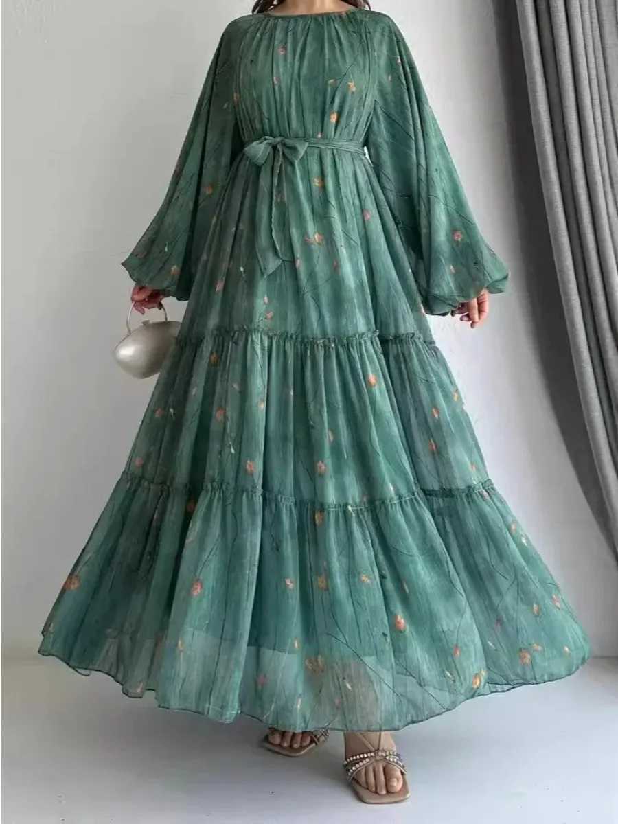 Eid Muslim Abaya Dress for Women Print Chiffon Sashes Jalabiya Kaftan Islam Vestidos Largo Arab Long Robe Ramadan Morocco Abayas X2505141