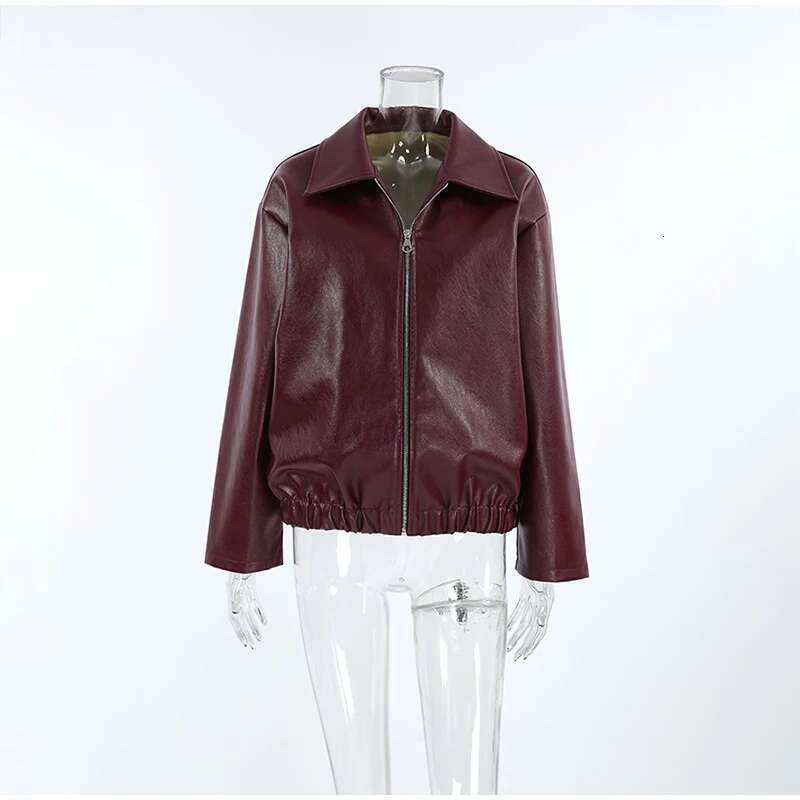 Women's Coat Street Leather Women' Jacket Wine Red Turn Down Long Sleeve Pu Female Coats Vintage Pocket Zipper Motorcycle Lady Outwears