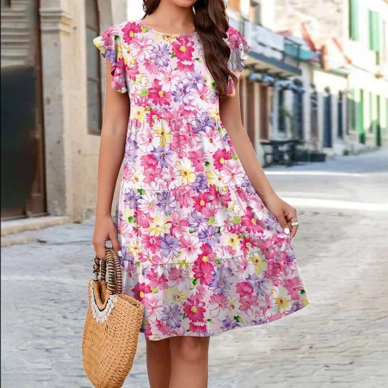 Dongdumaoyi Lente Zomer Hete Stijl Bedrukte Gelaagde Casual Jurk Met Fluttermouwen Voor Dames A
