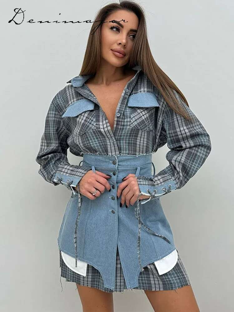 Plaid Patchwork Denim Skirt Set Women Lapel Single Breasted Long Sleeved Jacket Asymmetrical Mini Skirts Summer Lady Outfit