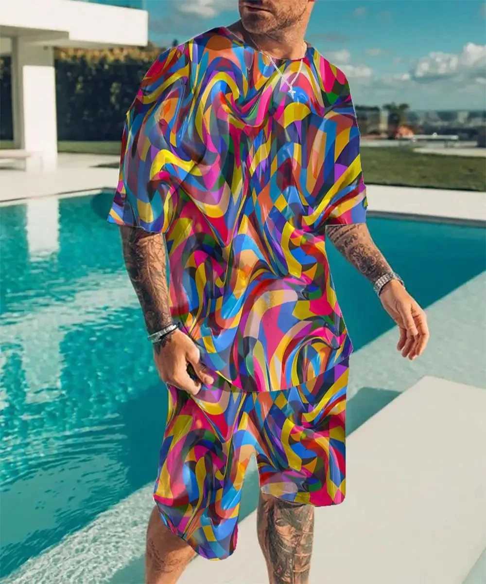 Mens short sleeved T-shirt 3D geometric pattern print daily hiking sportswear streetwear two-piece set summer new itemXJ250326