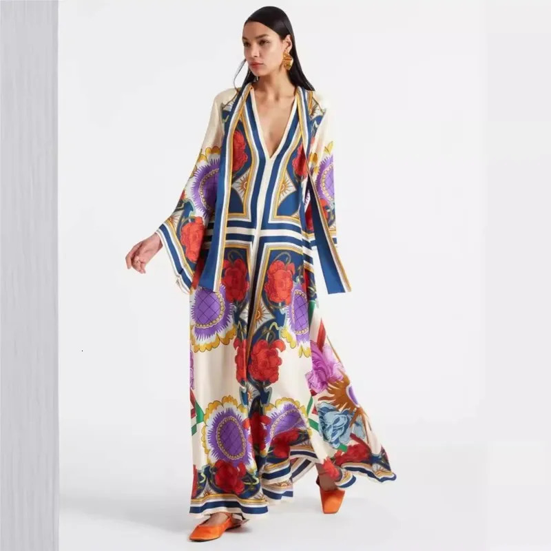 Stand Collar Elegant Lady Printing Dress Casual High Waist Long Sleeve Party Dress Women Spring Summer Loose Streetwear Dress 250326