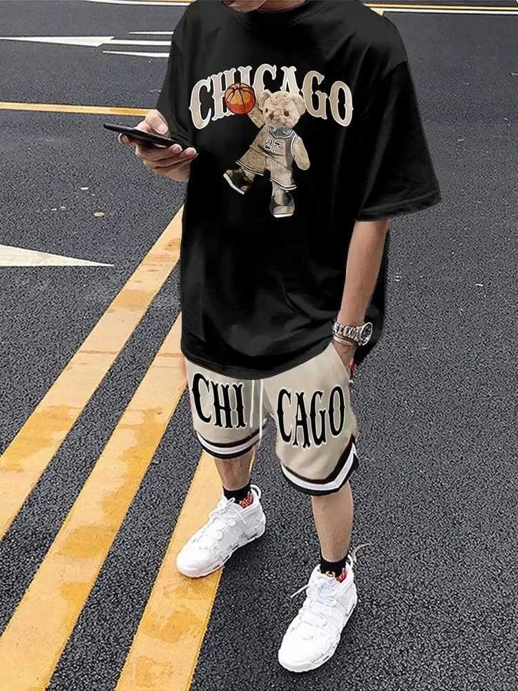 Cartoon Bear 3D Printed Mens Round Neck Short Sleeve 2-piece Set Urban Street Trendy Mens Top Outdoor Mens Drawstring Short SleeveXJ250326