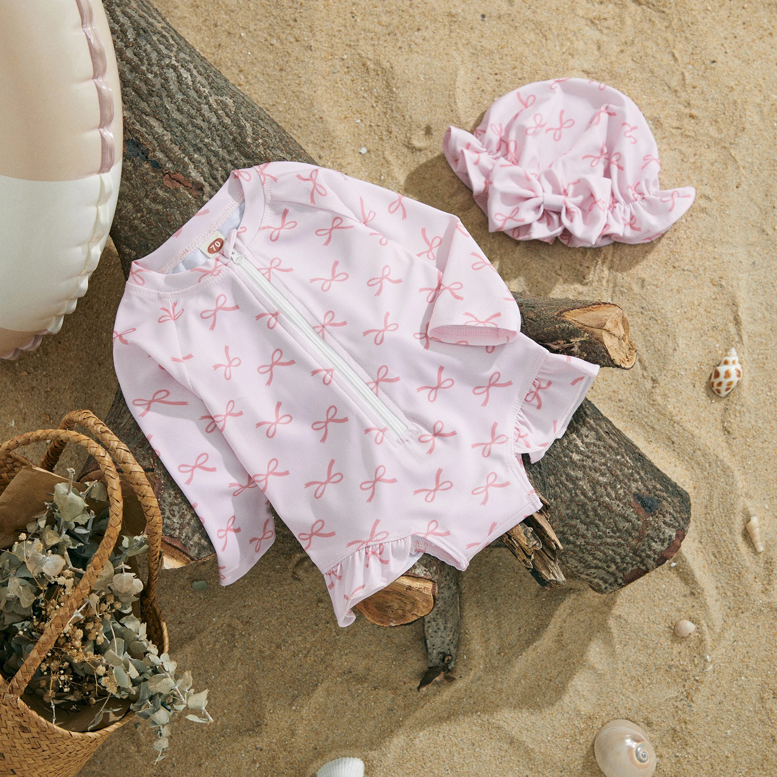 MISOWMNJOY Princess Baby Girl Swimwear Long Sleeve Rash Guard Beach Swimsuit BowCherry Print Toddler Bathing Suit with Sun Hat 250326