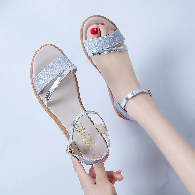 Fashion womens sandals in gold silver low boots casual shoes open toe summer square ankle strap and shoe cover sizes 250317