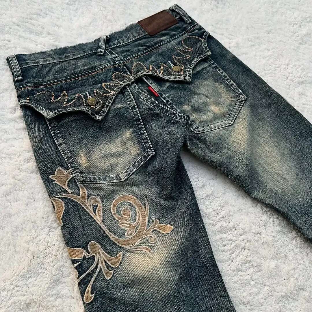 Street Haruku Heavy Industries Retro Pattern Embroidery Blue Washed Jeans Women's Personalized Casual Splicing Flare Pants