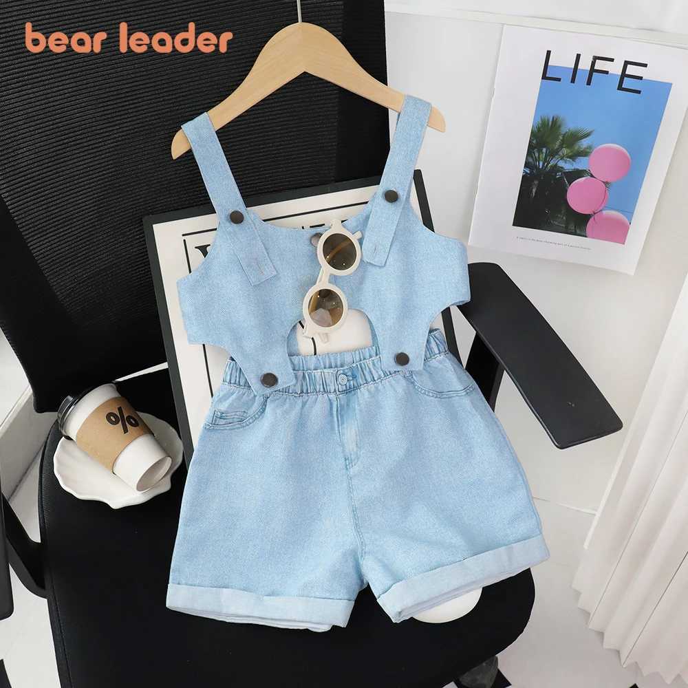 Bear Leader Girl Summer Clothing Solid Color Imitation Jeans Pendant Top+Shorts Set with Two Piece Button Set Childrens ClothingT250327
