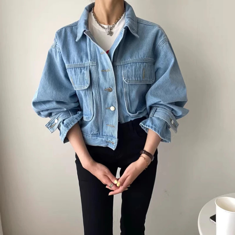 Neploe Retro Collar Single Chest Denim Coat Spring Autumn Laundry Blue Jacket Womens Y2k Long Sleeve Loose Top Unprinted Good Product 250326