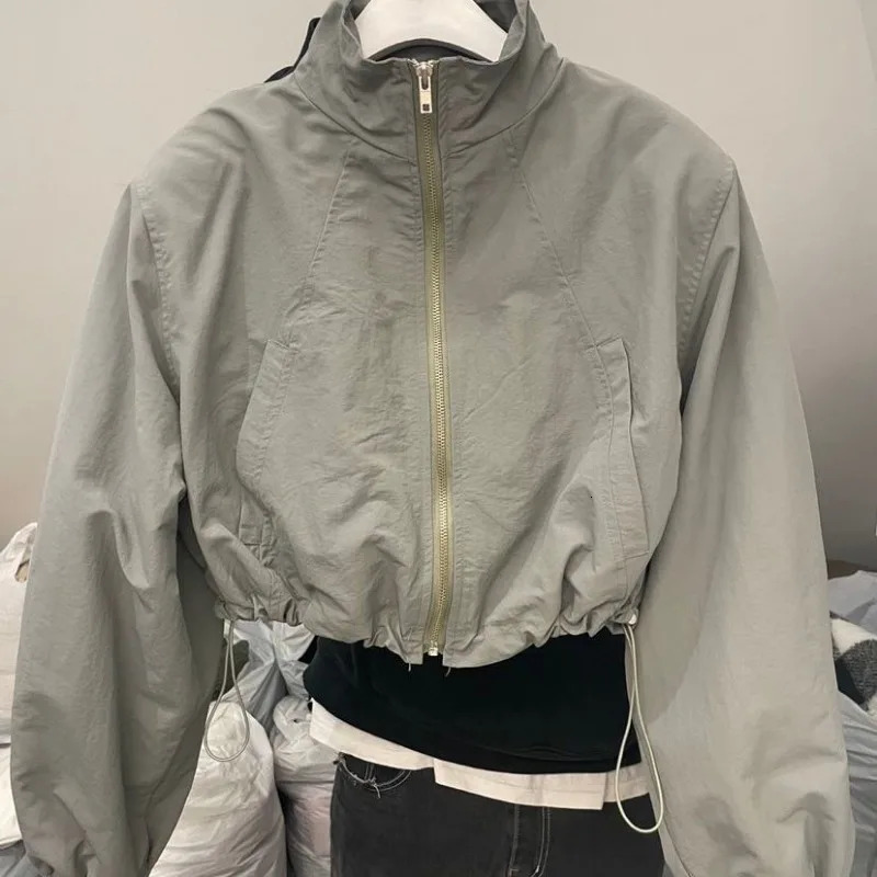 Basic Jackets for Women Spring Autumn Y2k Cropped Zip-up Outerwear Baggy Casual Pleated Stylish College Sporty Long Sleeve 250322
