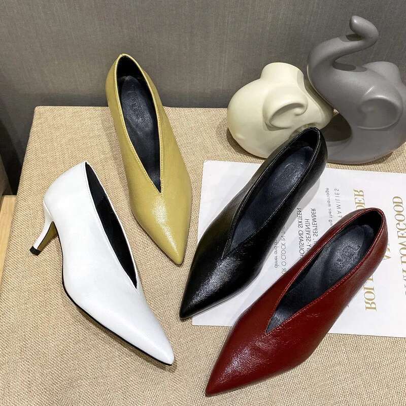XGRAVITY Brand Dress Elegant Chunky High Heeeled Pumps Sexy Pointed Toe Evening Women V Cut Shoes