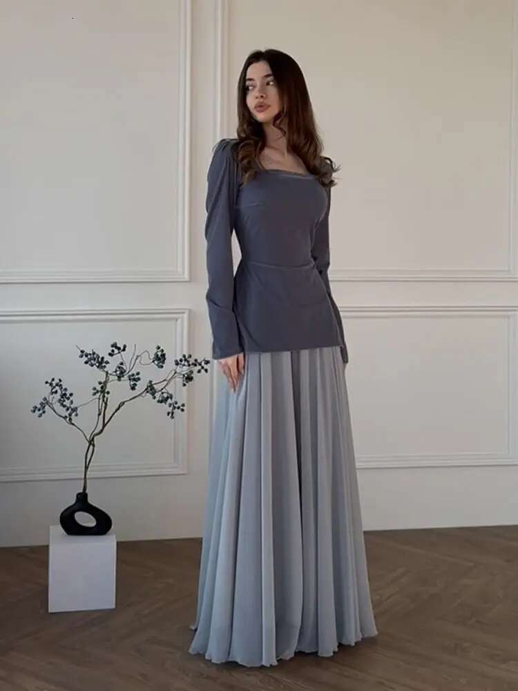 Fashion Pleated For Women Chic Square Collar Long Sleeve Slim Top A E Maxi Skirt Set Spring Female 2 Pcs Suit