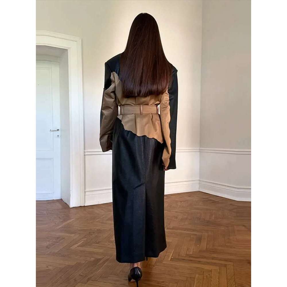 Women's Coat Elegant Contrast Leather Trench Coat Women Lapel Single Breasted Split Female Overcoat With Belt Autumn Winter Lady Outwear