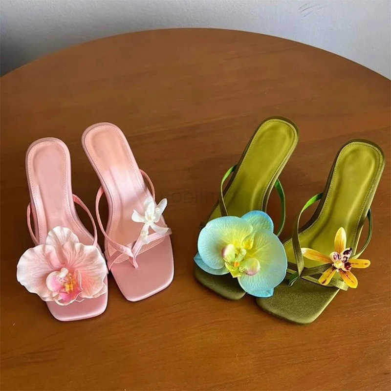 French Handmade Asymmetrical Flower Sandals For Wen New Satin Clip- Stiletto Half-slip High H Beach Flip-flops Shoes Z250327
