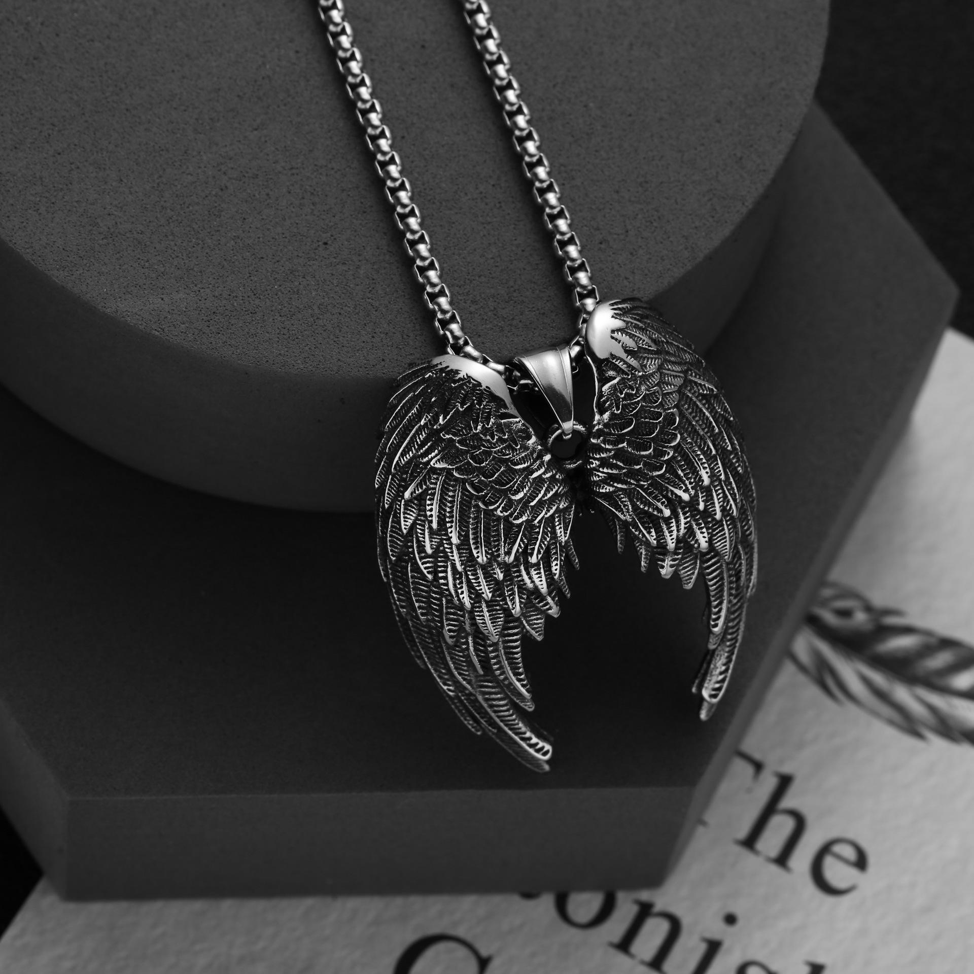 60cm Vintage Angel Wings Feather Titanium Steel Pendant Necklace