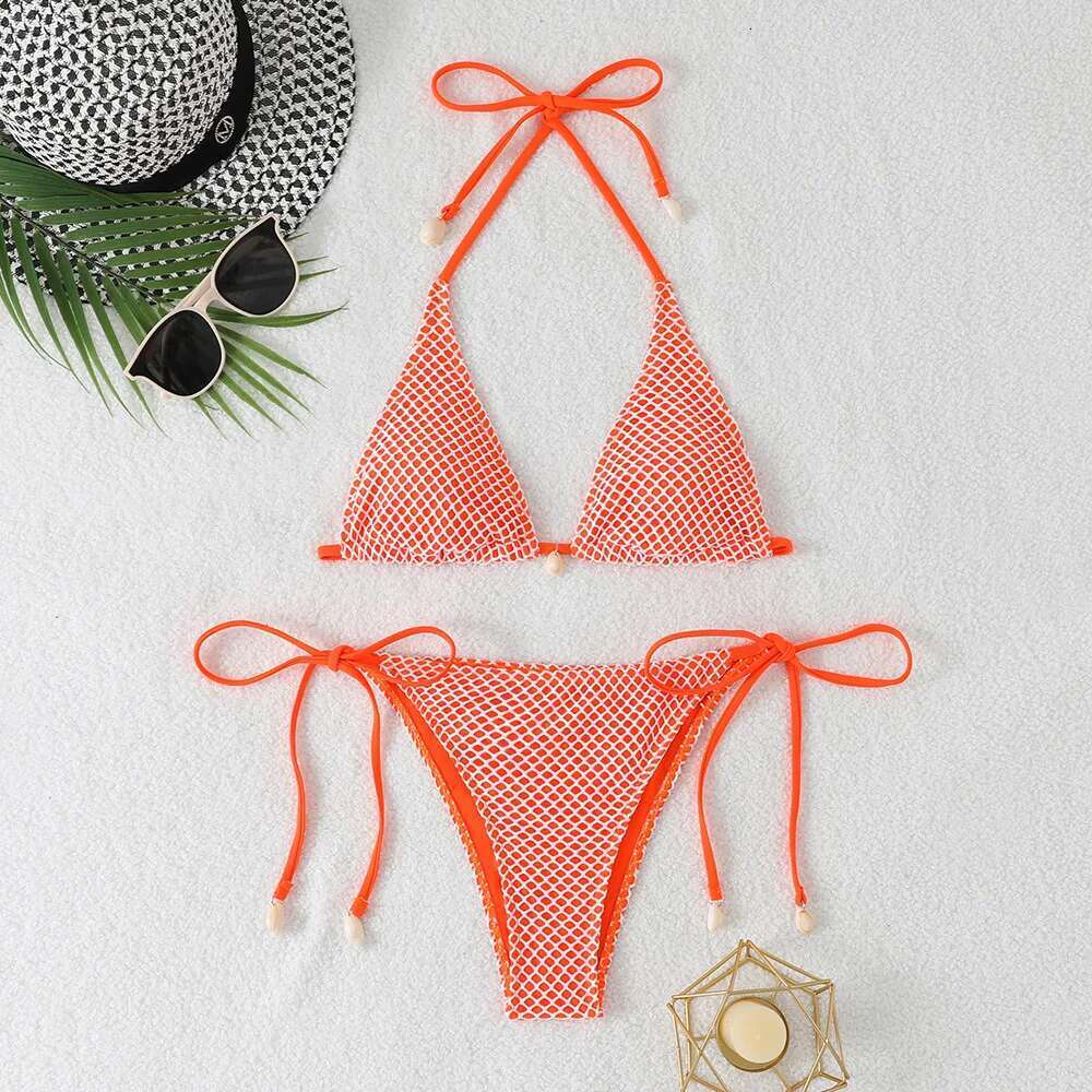 Grid Bikini Set for Women Solid Color 2 Piece Swimsuit Sexy Halter Lace-up Backless Thong Beach Vacation Swimwear 2025 New