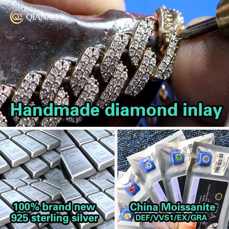 10mm Solid 925Sterling Silver Hip Hop Moissanite Cuban Link Chain Silver Plated Tennis Strand Charm Bracelets for Party or Gift