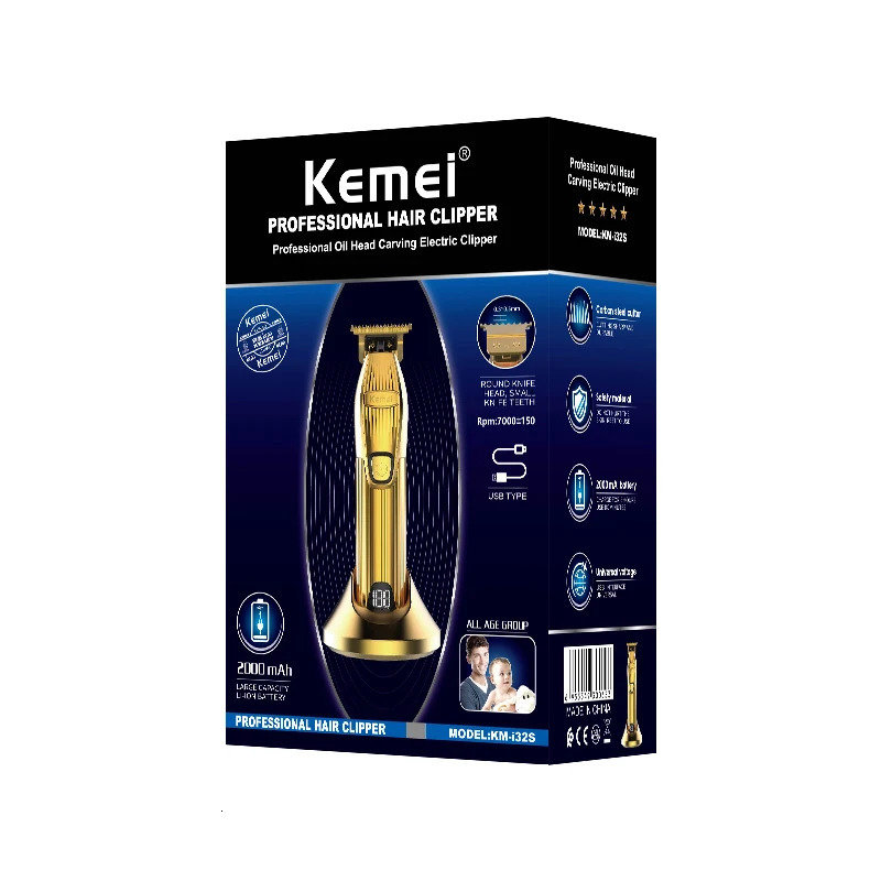 Kemei Professional Rechargeable Hair Trimmer Portable Gold Cordless T-blade Hair Clipper Shaving for Stylists Barber Beard Cut 250324
