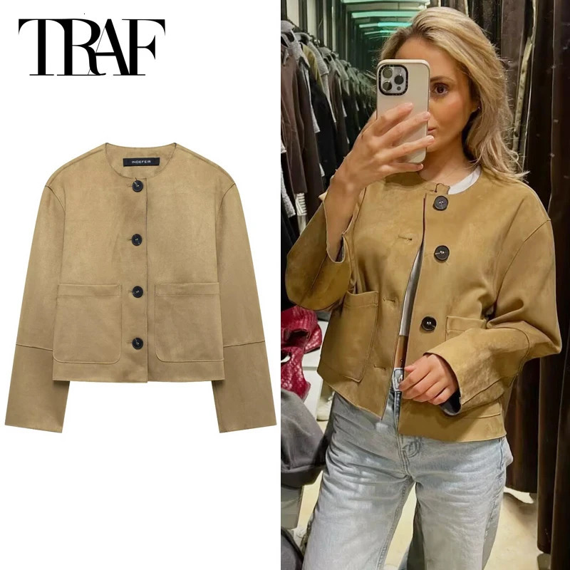 TRAF suede jacket womens spring Coats Jackets crop Oneck button long sleeved fashionable and elegant 250326