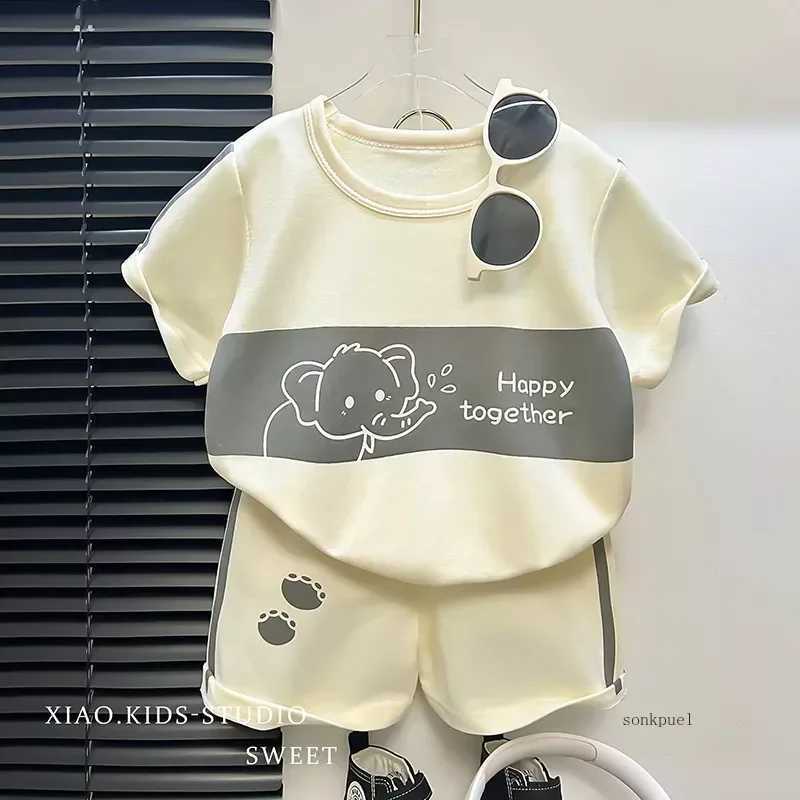 2Pcs Cartoon Bear Childrens Short Sleeve Set Summer Childrens Clothing Boys and Girls Baby Thin Cotton T-shirt Track Set Fashion SetT250327