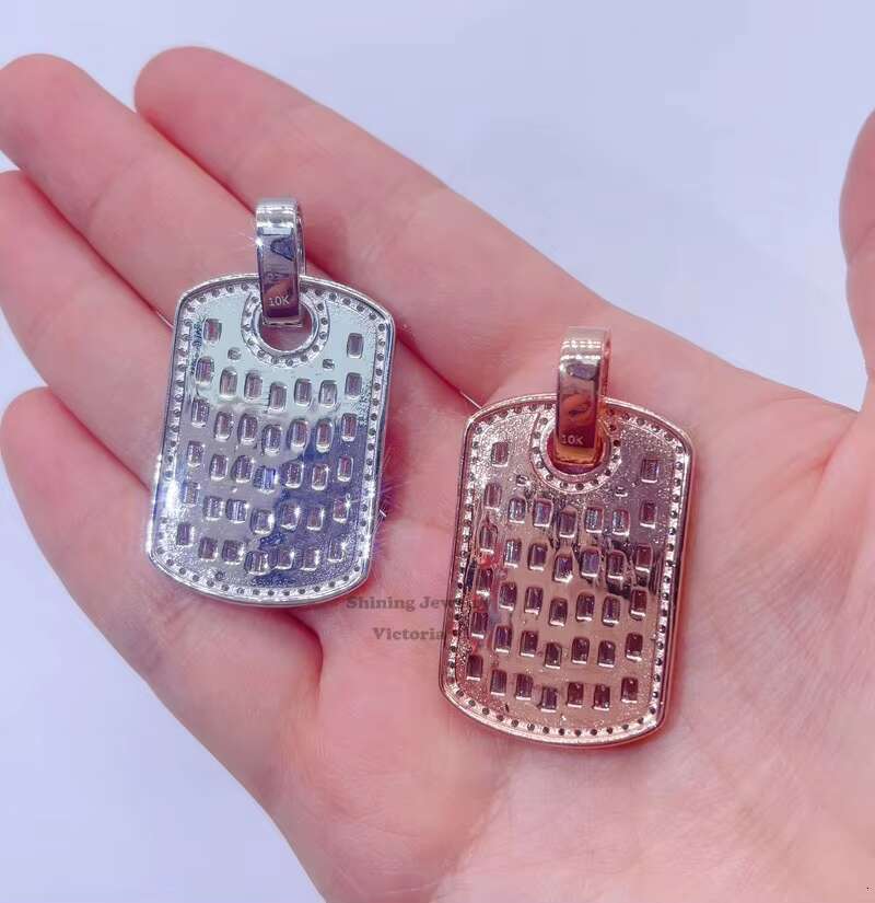 14k Rose Gold Plated Sterling Silver Hip Hop Men Emerald Cut Vvs Moissanite Diamond Dog Tag Pendant