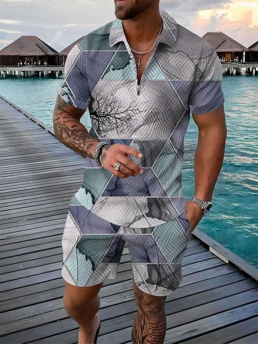 Color Gradient 2-piece Golf Summer Fashion Mens Polo Shirt Short Sleeve+Shorts Set Casual Beach SetXJ250326
