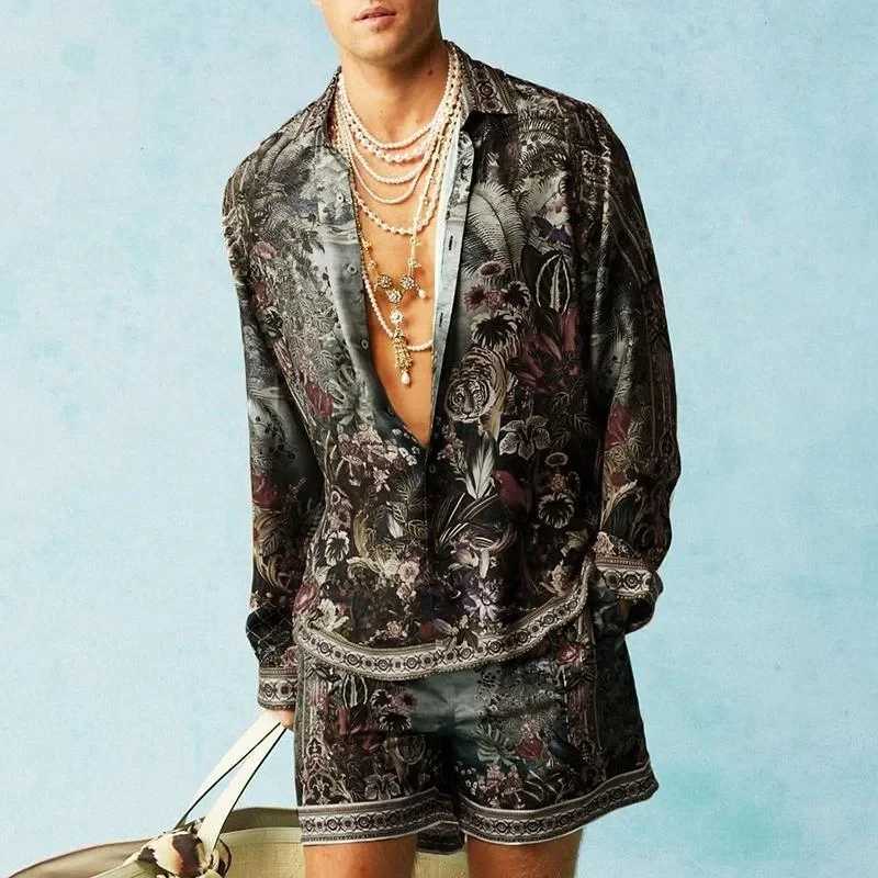 Hawaii Retro Fashion Beach Set Mens Casual Outdoor 3D Printed Abstract Long Sleeve Shirt 2-piece Set Loose Beach ShortsXJ250326