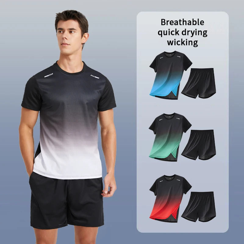 Summer mens progressive color quick drying short sleeved sportswear youth leisure running fitness relaxation plus size set 250327