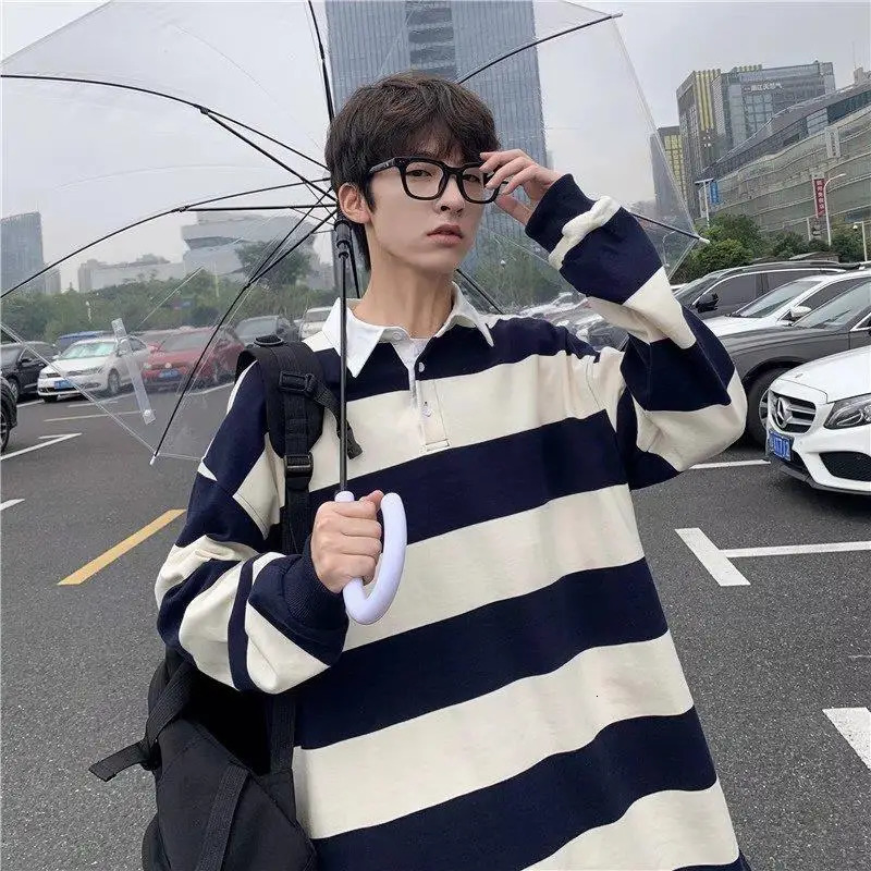 Mens highquality collar mens shirt polo top with sports striped white streetwear Y2k Xl 250326