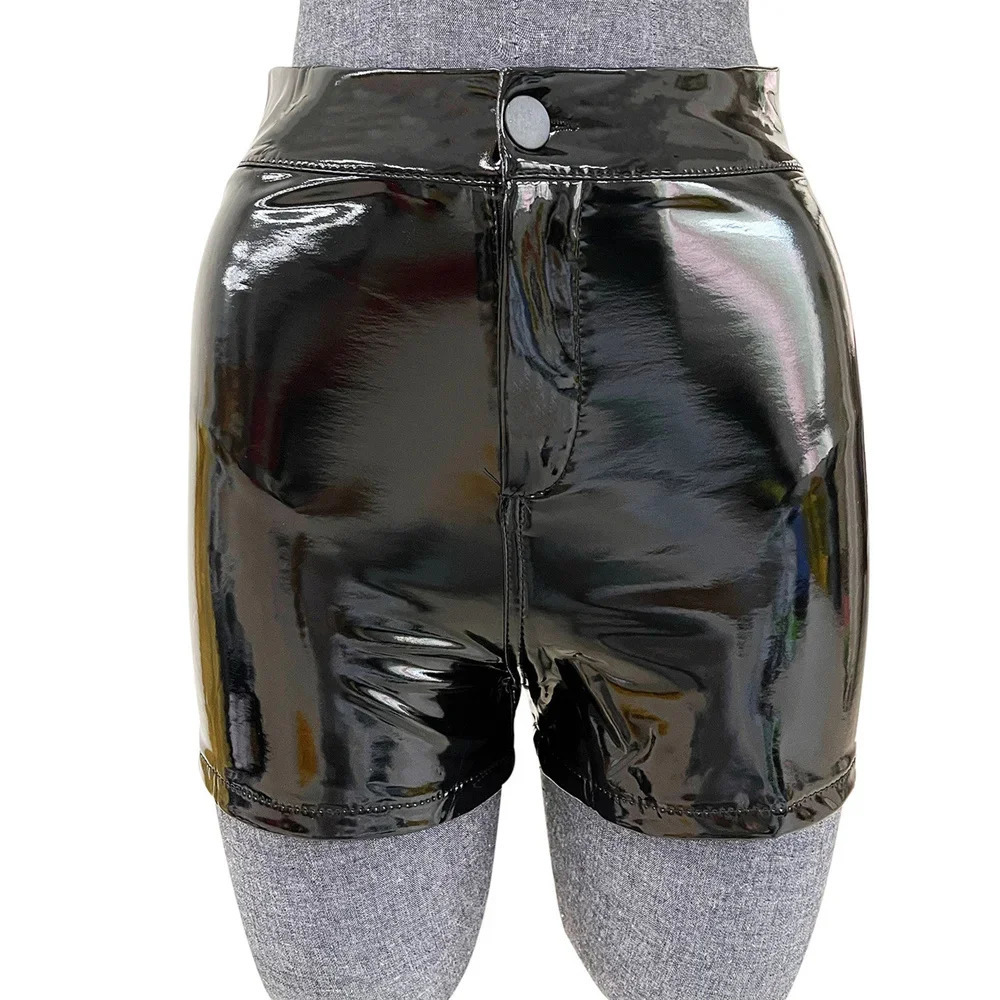 Sexy womens shorts elastic high waist wet appearance synthetic PU leather latex gothic pole dance mini 250321