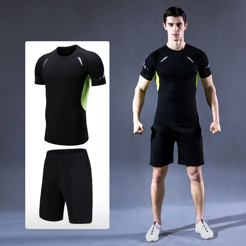 2piece sports tight fitting fitness mens fast drying high elasticity breathable set basketball training base short sleeved 250327